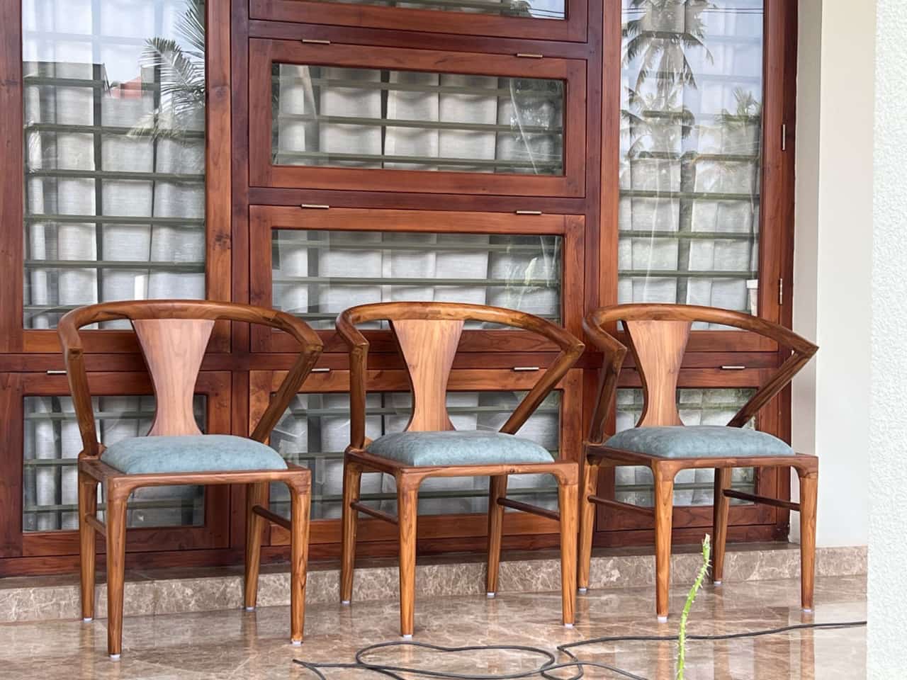 Premium Solid Teak Wood Dining Chair Set of 3 with Upholstered Seats