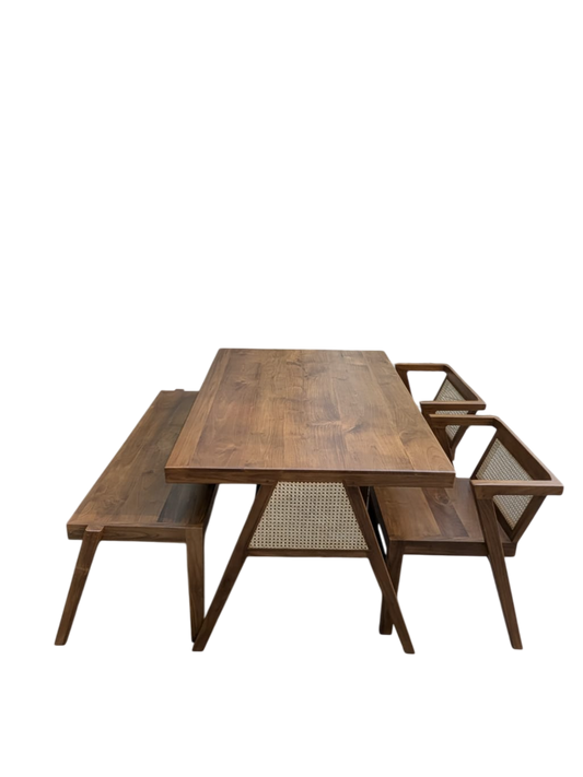 Premium Solid Teak Wood Dining Table Set with 1 Bench & 2 Cane Armchairs