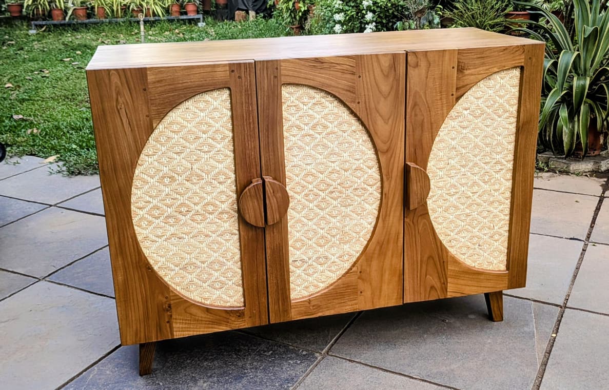 Premium Teak Wood Cane Storage Cabinet | 4 Door Sideboard