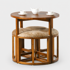 Teakwood Round Dining Table Set with Nesting Stools