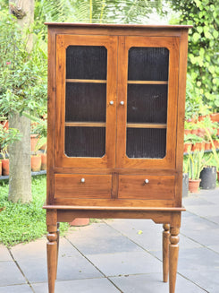 Premium Solid Teak Wood Display Cabinet with Glass Doors & Drawers