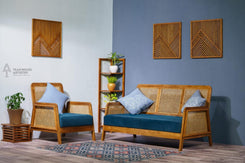 Premium Solid Teak Wood Cane Sofa Set (3+1 Seater) with Upholstered Cushions