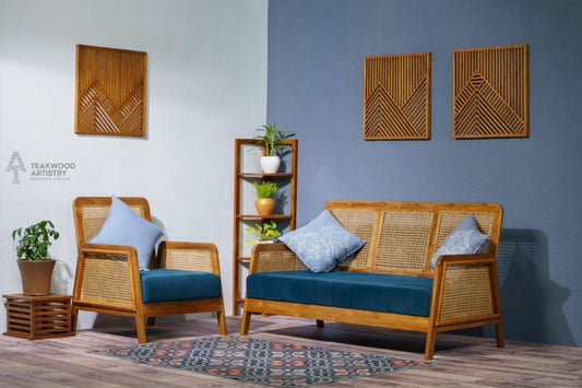 Premium Solid Teak Wood Cane Sofa Set (3+1 Seater) with Upholstered Cushions