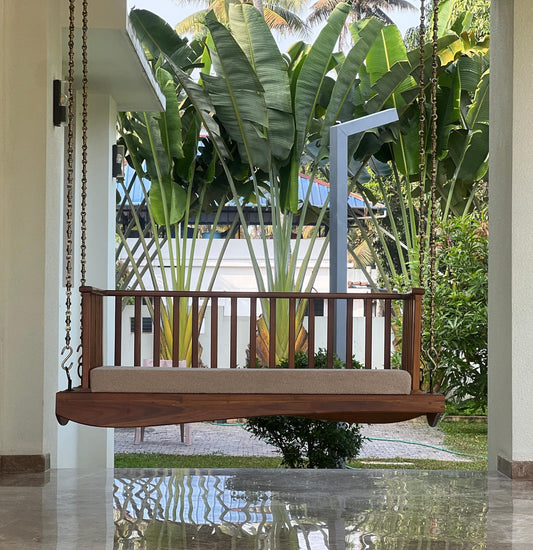 Premium Teak Wood Hanging Swing with Cushion | Indoor & Outdoor Porch Swing