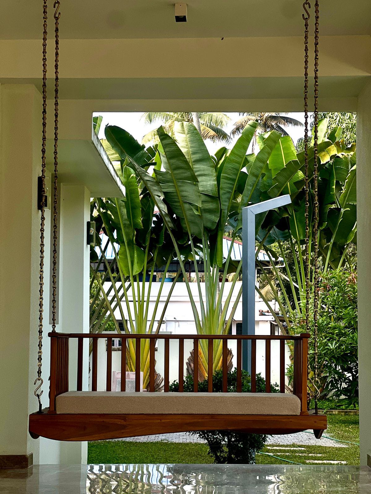 Premium Teak Wood Hanging Swing with Cushion | Indoor & Outdoor Porch Swing