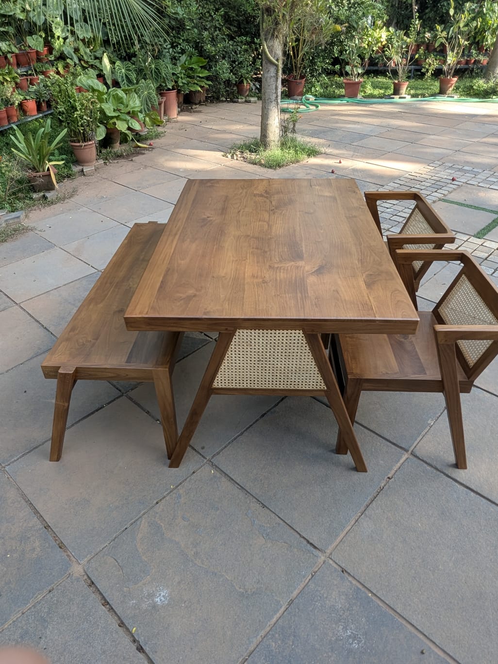 Premium Solid Teak Wood Dining Table Set with 1 Bench & 2 Cane Armchairs