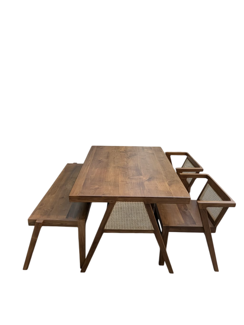 Premium Solid Teak Wood Dining Table Set with 1 Bench & 2 Cane Armchairs