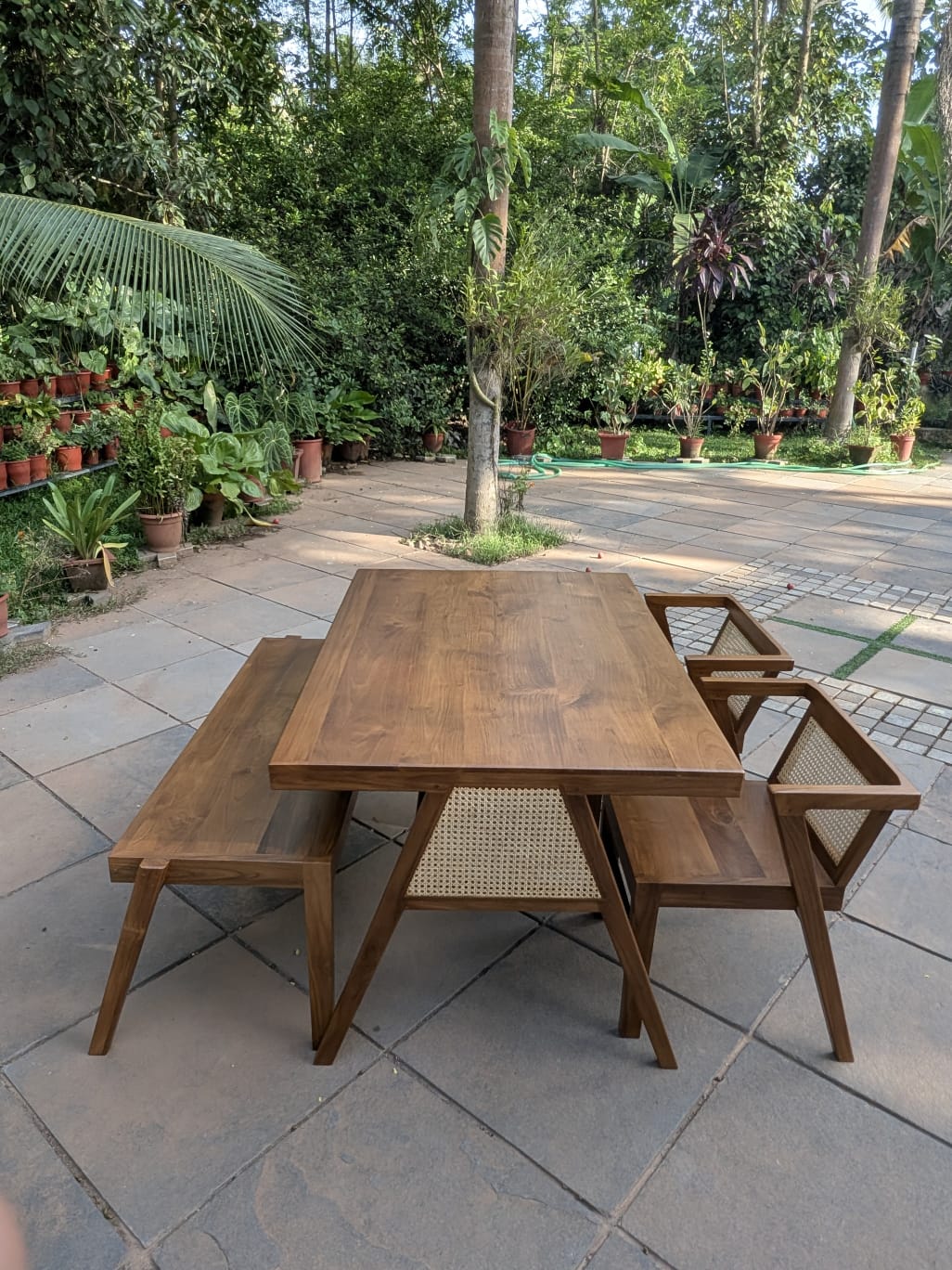 Premium Solid Teak Wood Dining Table Set with 1 Bench & 2 Cane Armchairs