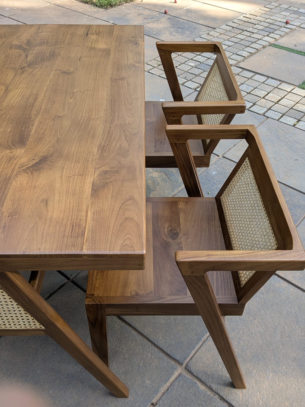 Premium Solid Teak Wood Dining Table Set with 1 Bench & 2 Cane Armchairs