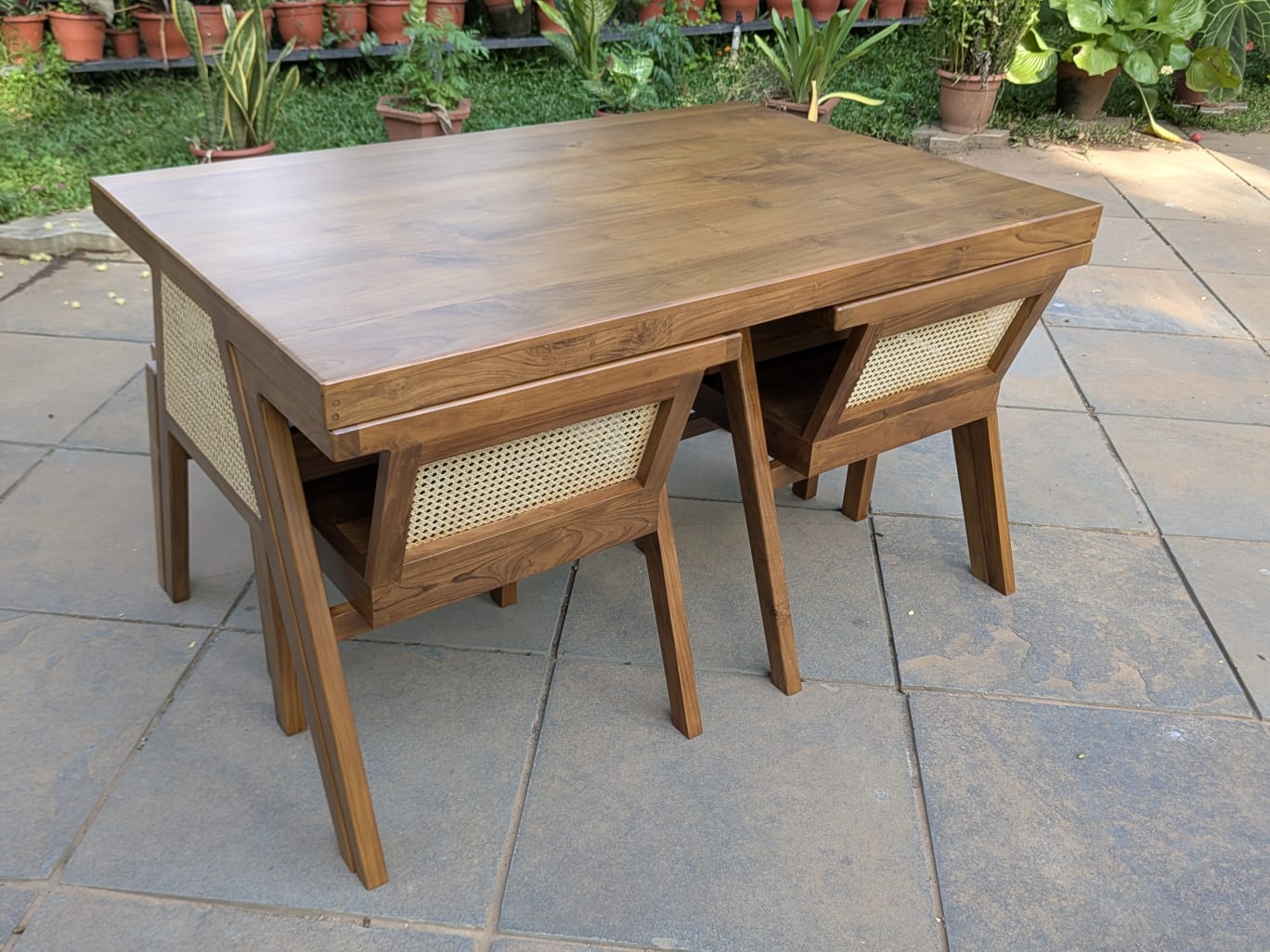 Premium Solid Teak Wood Dining Table Set with 1 Bench & 2 Cane Armchairs
