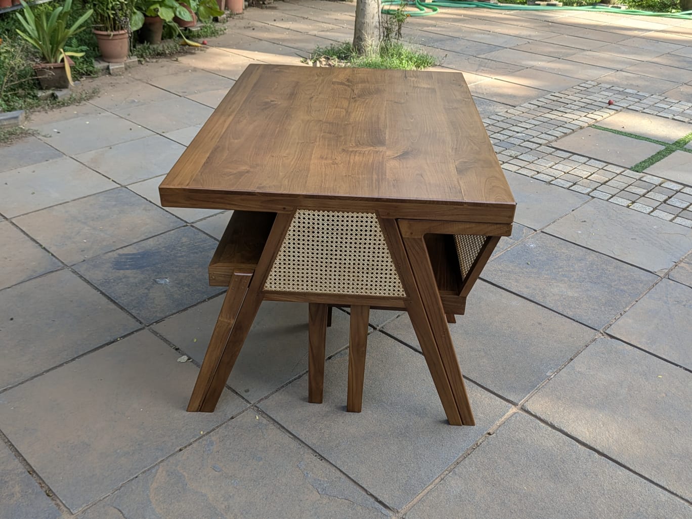 Premium Solid Teak Wood Dining Table Set with 1 Bench & 2 Cane Armchairs