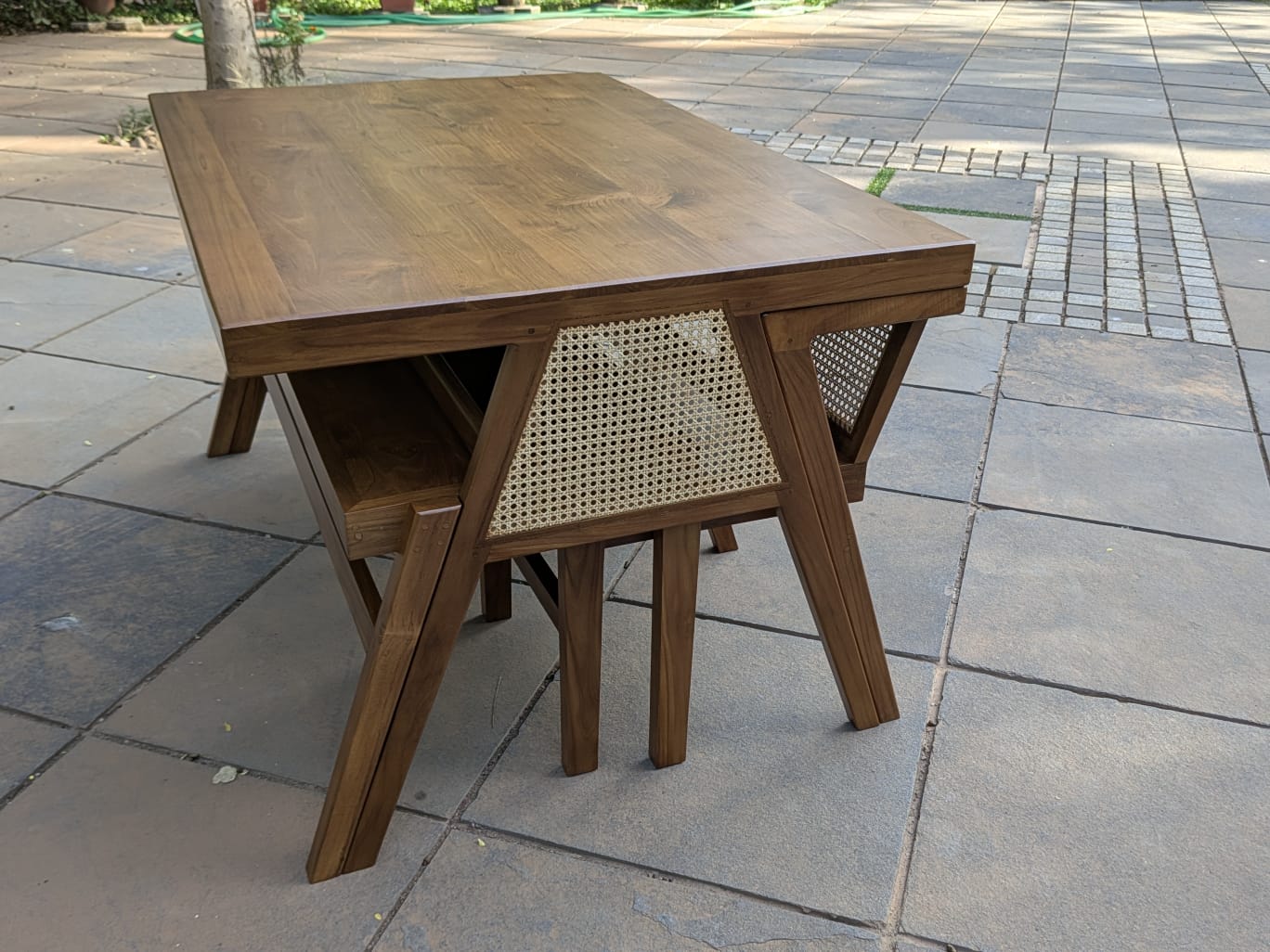 Premium Solid Teak Wood Dining Table Set with 1 Bench & 2 Cane Armchairs
