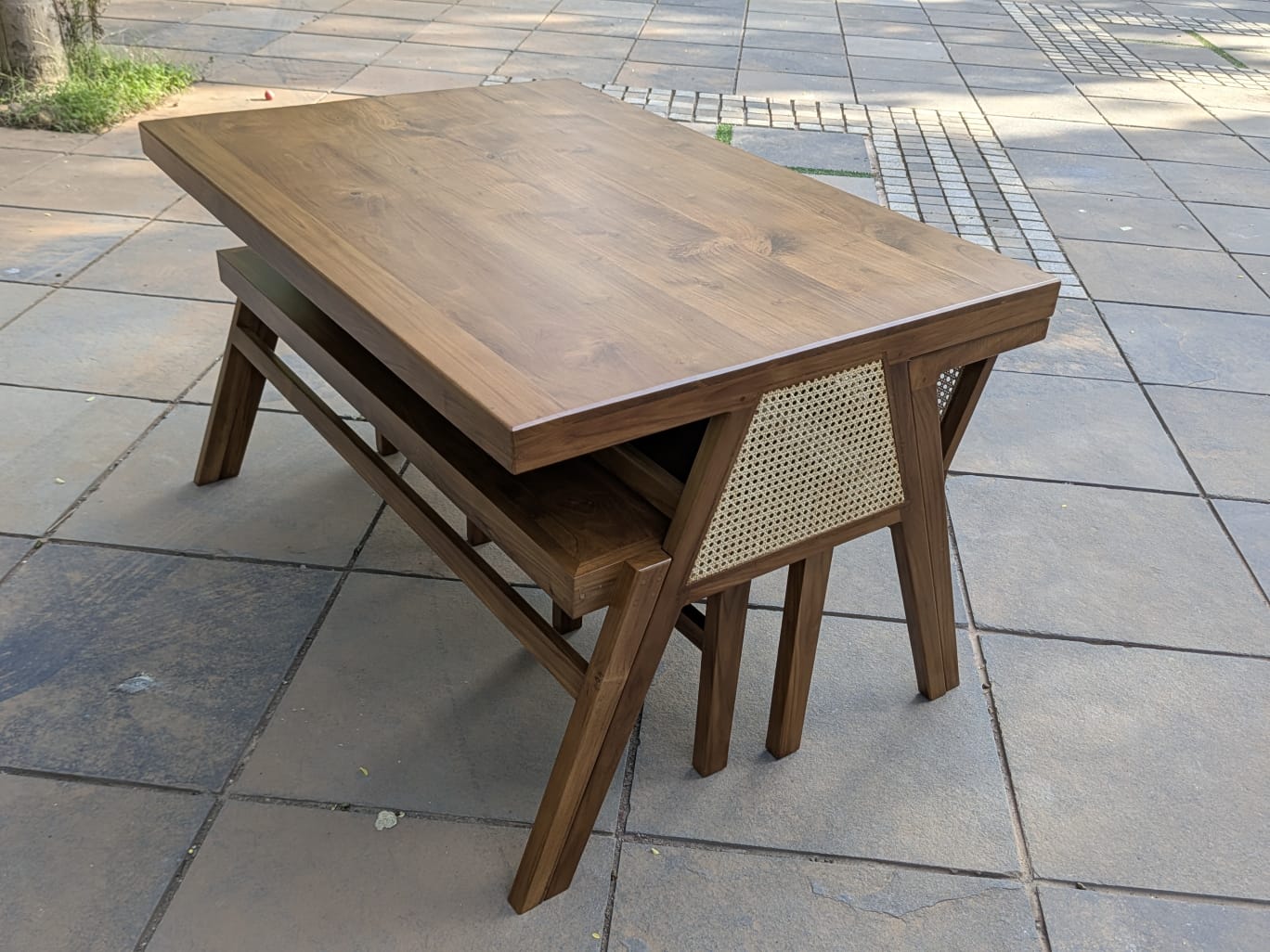 Premium Solid Teak Wood Dining Table Set with 1 Bench & 2 Cane Armchairs