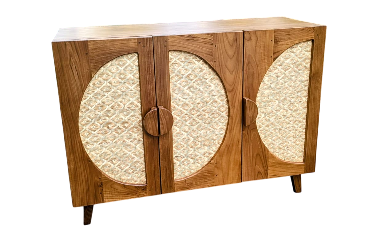 Premium Teak Wood Cane Storage Cabinet | 4 Door Sideboard