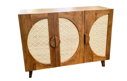 Premium Teak Wood Cane Storage Cabinet | 4 Door Sideboard