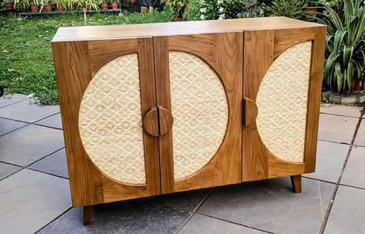 Premium Teak Wood Cane Storage Cabinet | 4 Door Sideboard