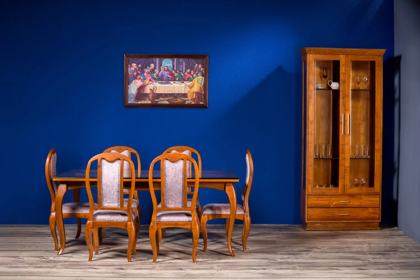 Premium Solid Teak Wood 6 Seater Dining Table Set with Display Cabinet