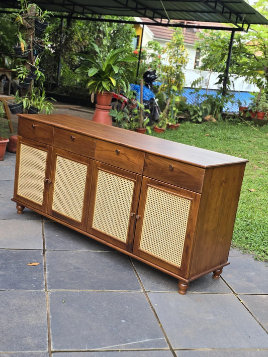 Premium Solid Teak Wood Cane Sideboard Cabinet with 4 Doors & 4 Drawers