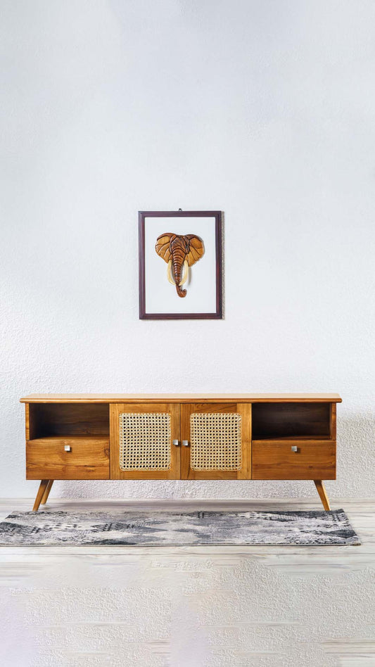 Premium Solid Teak Wood Cane TV Unit with 2 Doors & 2 Drawers